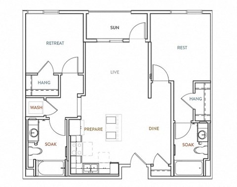 Floor plan for 2 beds, 2 baths, 1040 sqft